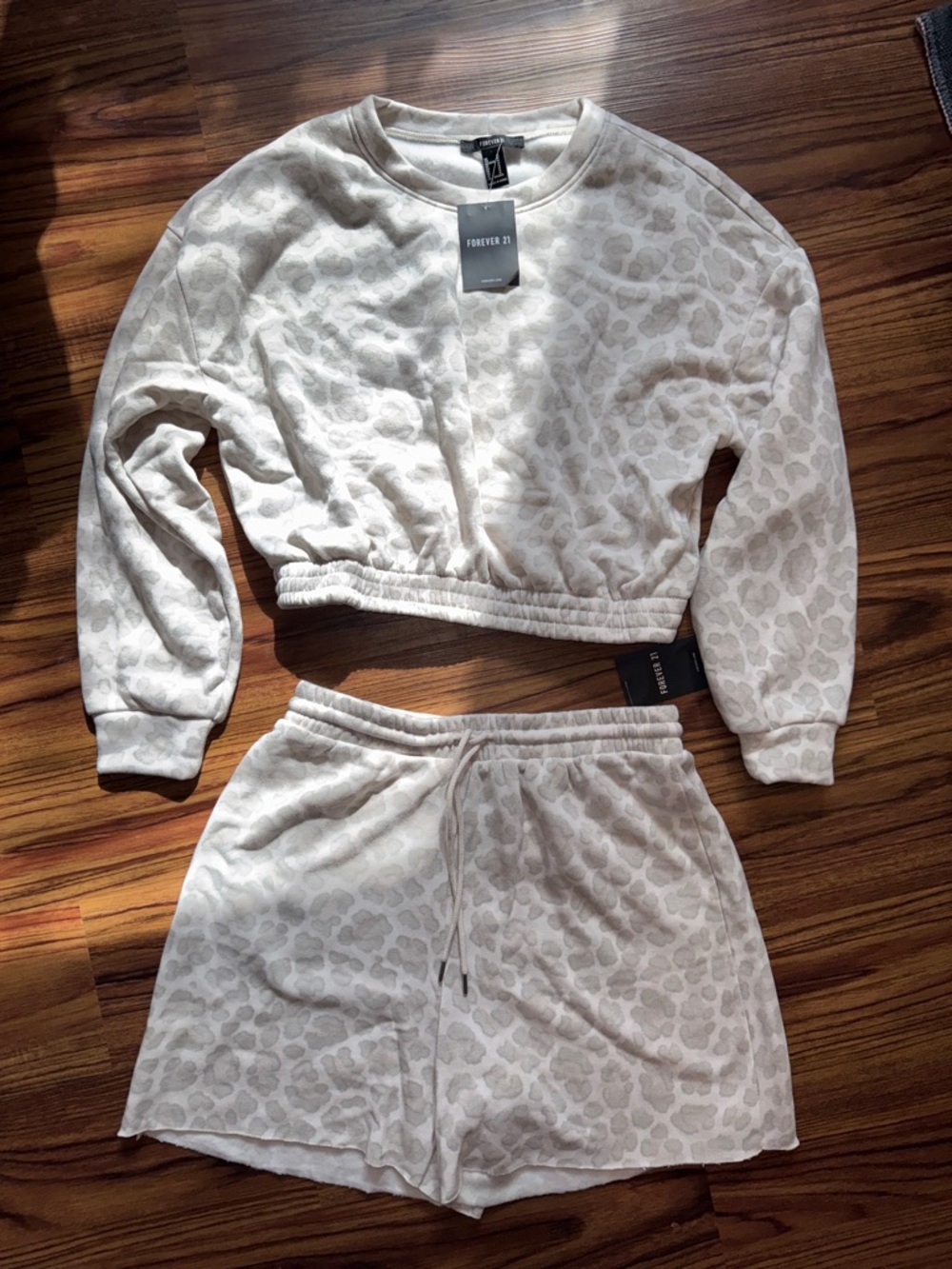 Forever 21 Cream Leopard Print Lounge Set - Crop Sweatshirt & Shorts
